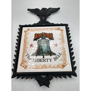 Vintage Cast Iron Enesco Wall Plaque With Ceramic Tile Featuring The Liberty Bel